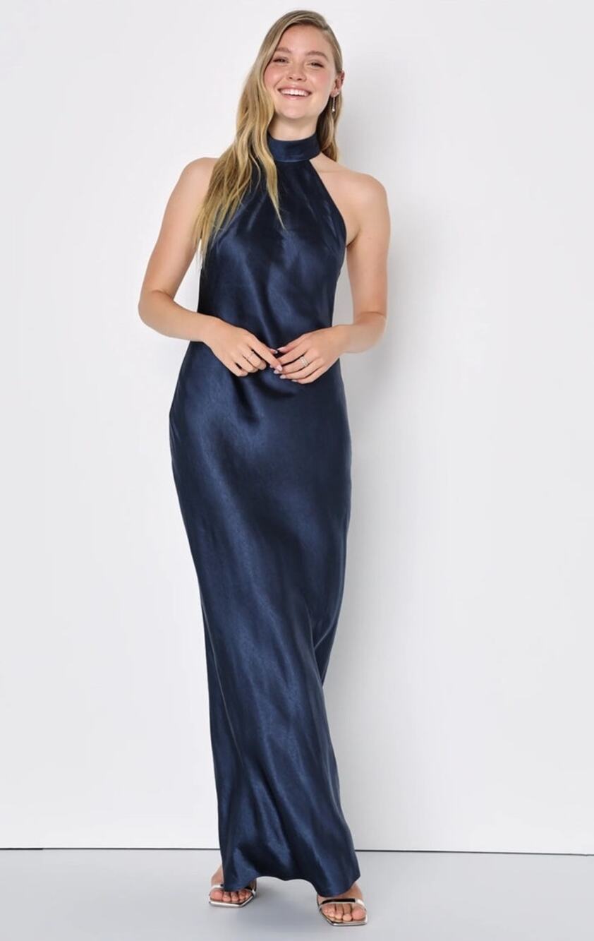 Lulu's Navy Satin Halter Maxi Dress